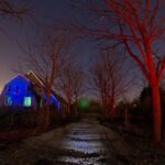 A house is lit with blue lights on a quiet, starry night. The barren trees lining the pathway are illuminated in red, creating a spooky ambiance. A glowing spherical light feature is situated near the house, adding a mystical touch to the scene.