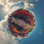 A circular panoramic view of a vibrant flower garden with red, yellow, and pink blooms, surrounded by a path and houses. The sky, with a shining sun and scattered clouds, wraps around the top and bottom, creating a "tiny planet" effect.