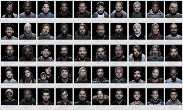 A grid of 40 portraits displaying a diverse group of individuals of various ages, ethnicities, and backgrounds. Each person has a serious expression and is set against a dark background. Under each portrait, there are handwritten captions.