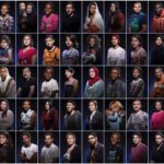 A grid of portrait photos showcasing diverse individuals across various ages, ethnicities, and styles. They stand against dark backgrounds, wearing different outfits and expressing a range of emotions. The portraits capture a rich tapestry of humanity.