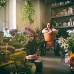 A person with long hair and glasses sits on an upside-down orange chair in a sunlit room filled with a variety of plants and flowers in pots. The room has shelves with vases and pots, and a window lets in natural light.