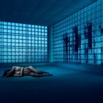 A nude person lies curled up on the floor in a dimly-lit room with blue-tinted glass block walls. Shadows of figures are visible through the translucent glass blocks, adding an eerie atmosphere to the scene. The ceiling has a grid pattern of tiles.