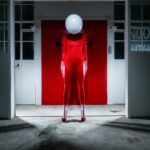 An individual wearing a tight, red body suit and matching high heels stands in front of a red door. The person's head is completely covered by a large, white balloon. The background is an industrial setting with white walls and windows.