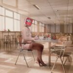 A person, appearing nude with their head covered by a vintage television set, is seated at a table in a sparsely furnished, empty cafeteria. The blurry, ghost-like effect around the person suggests movement or a dream-like atmosphere.