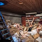 A cluttered room with disorganized boxes and scattered papers. Several people are partially visible among the mess, their legs and arms sticking out from behind piles of boxes and books. A wooden ladder is positioned on the left side, leaning against the wooden ceiling.