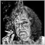 Black and white close-up portrait of a person with long, curly hair smoking a cigarette. The smoke swirls around their face, creating a haze. Their expression is neutral and their skin appears weathered. The background is dark, highlighting their features.