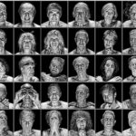 A monochromatic collage of 50 portraits of diverse individuals, each with unique facial expressions. The close-up images are arranged in a grid pattern against a black background, highlighting the detailed features and emotions of each person portrayed.