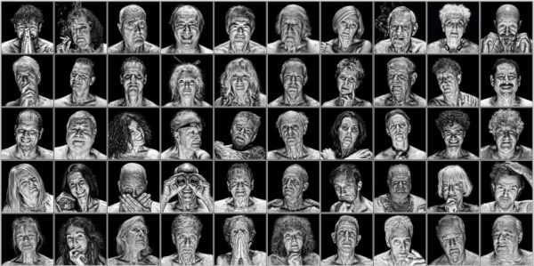 A monochromatic collage of 50 portraits of diverse individuals, each with unique facial expressions. The close-up images are arranged in a grid pattern against a black background, highlighting the detailed features and emotions of each person portrayed.