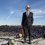 A man wearing a suit and tie, accompanied by black rubber boots, stands in a field of cabbages. He holds a briefcase and stares off into the distance against a backdrop of blue sky with airplane contrails. Multiple cabbages are scattered on the ground around him.