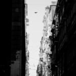 A black and white photograph depicts a narrow urban street flanked by tall buildings with balconies. Birds are flying overhead, and various architectural details of the buildings are visible in the contrast. The street is lined with light and shadows.