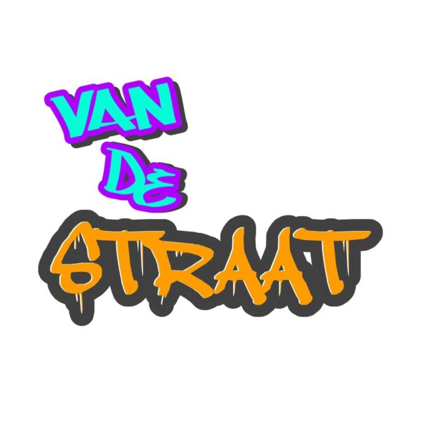 The image features a graffiti-style text that reads "VAN DE STRAAT." "VAN DE" is depicted in bright blue and purple with a slight tilt, while "STRAAT" is in bold orange with a dripping paint effect, all against a white background.